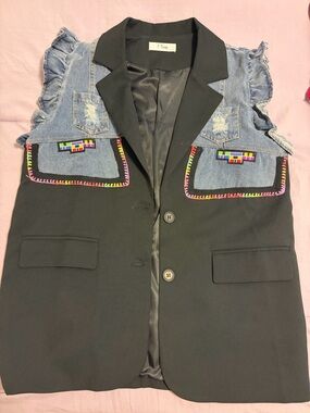 Two-Tone Black and Denim Vest